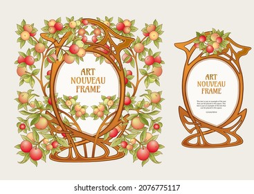 Manzanas en ramas Plantilla para etiqueta de producto, embalaje cosmético. Fácil de editar. Ilustración vectorial. En estilo Art Nouveau, el estilo vintage, antiguo, retro.