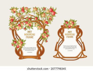 Apples on branches Template for product label, cosmetic packaging. Easy to edit. Vector illustration. In art nouveau style, vintage, old, retro style.