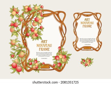 Apples on branches Template for product label, cosmetic packaging. Easy to edit. Vector illustration. In art nouveau style, vintage, old, retro style.