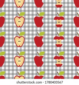 
Manzanas en un fondo a cuadros (manzana entera, mordedura entera de manzana, mitad de manzana, núcleo de manzana).  Patrón veloz. 

