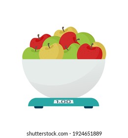 Apples on electronic kitchen scales. Vector illustration in flat style, isolated on white background