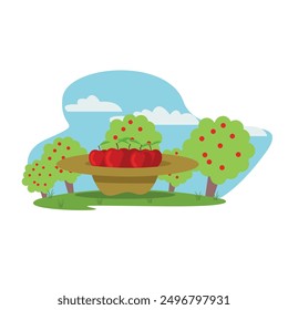 Apples on the grass in a hat on the background of an orchard