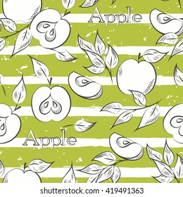 Apples on green stripes. Horizontal brush strokes seamless pattern. Vector illustration.