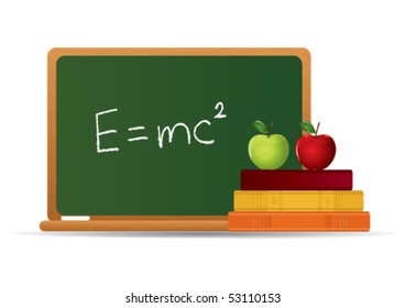 apples on a stack of books on the teachers desk
