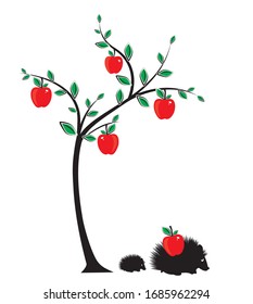 Apples on tree and hedgehog with apple in his back, vector. Colorful art design. Wall art, artwork. Poster design. Childish cartoon art design