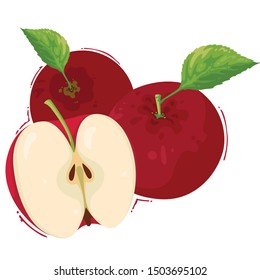 Apples with One Sliced and Leaves Vector Illustratiomn