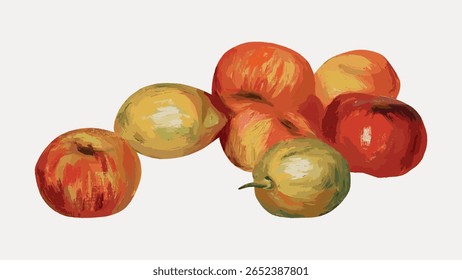 Manzanas, calcomanía naranja, limón, ilustración de Pierre-Auguste Renoir, elemento de Vector. Ilustración de la fruta de Antiguas aislada en blanco, Vector. Vector de ilustración de fruta dibujado a mano.