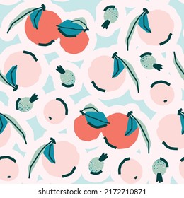 Apples, oranges, rosehips. Stylish seamless pattern with fruits and berries. Vector print, design, background