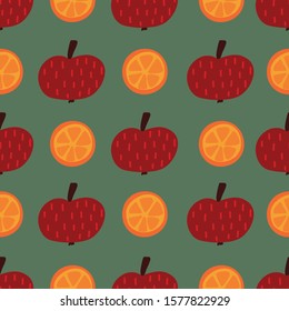Apples and oranges seamless vector pattern. Hand drawn fruit illustration background. Flat Scandinavian style. Use for kids fabric, home decor, packaging