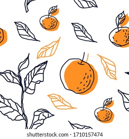 Apples pattern. Beautiful background with painted apples and leaves. Botanical freehand drawing.