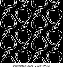 Apples pattern black and white chalk board like. Vector, doodle, hand draw. Brush strokes, grange style