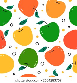 Apples pattern. Seamless vector background with flat colorful apples. Repeating summer design, graphic print with simple fruits