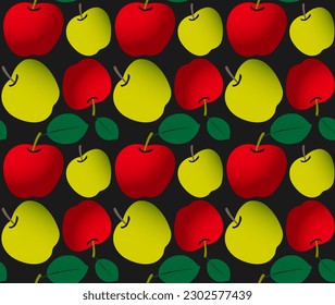 Apples pattern. Vector illustration apples, apples leaves, which are located in a dark background.