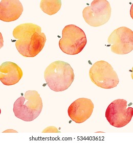 Apples peaches fruit watercolor red and yellow seamless background pattern.