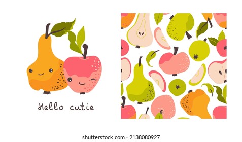 Apples and pear seamless pattern. Card with text Hello cutie. Vector background with sliced ​​pieces and  ripe fruits. Baby print. Perfect for printing on the fabric, design package and cover
