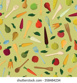 Apples, pears, carrots and kitchen tools vector background