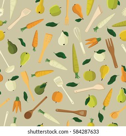 Apples, pears, carrots and kitchen tools vector background