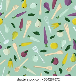 Apples, pears, carrots and kitchen tools vector background