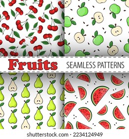 Apples, pears, cherry, watermelons vector seamless patterns collection. Colorful hand drawn flat elements in red, green and yellow colors. Best for textile, print, wrapping paper and home decoration.