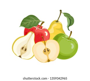 Apples and pears isolated on white background. Fresh fruits whole and slices. Food vector illustration in cartoon simple flat style.