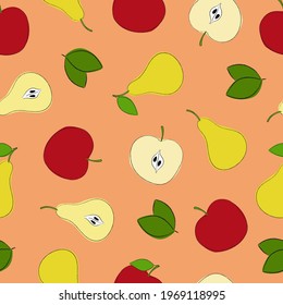 Apples, pears and leaves seamless pattern. 