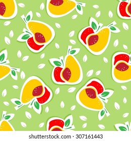 Apples and pears on a green background. Seamless pattern.