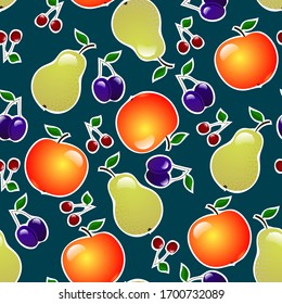 apples, pears, plums, cherries with leaves and a white stroke are randomly located on the azure background. fruit seamless pattern. vector