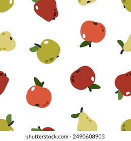Apples and pears, seamless pattern. Garden fruits print, repeating endless background, texture for textile, fabric, wrapping and wallpaper design. Repeatable printable flat vector illustration