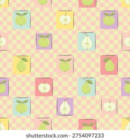 Apples and pears seamless pattern. Whole and halved fruits in squares with grunge edges. Cartoon objects on retro check background. Print on fabric, paper. Vector design for textile. Endless wallpaper