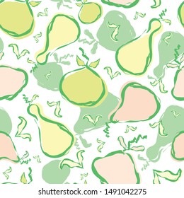 Apples pears vector seamless pattern background. Orchard fruit backdrop hand drawn pastel green, pink and yellow.  Waterolor painterly repeat for wellness, food summer, groceries market concept 