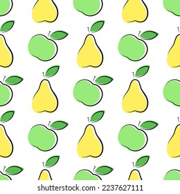 Apples and pears vector seamless pattern. Doodle elements on white background. Best for textile, wallpapers, home decoration, wrapping paper, package and web design.