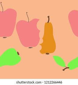Apples, pears  whole and stubs  seamless motif, grains. Hand drawn.