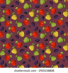 Apples and plums. Fruit seamless pattern. Hand-drawn style. Design for fabric, textile, wallpaper, packaging.