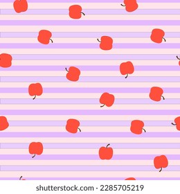 apples and purple tints stripes seamless vector fabric pattern. Boxes stripes with red apples seamless vector repeat pattern.