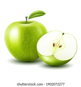 Apples. Realistic 3d Vector whole apple and half of apple isolated on white background