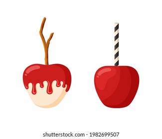 Apples in red caramel with stick. Cartoon flat illustration of traditional Halloween treat. Color isolated vector element on white background