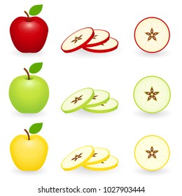 Apples red, green and golden with slices. Vector illustration isolated on white background.