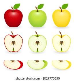 Apples red, green and golden with slices. Vector illustration isolated on white background. Apple pieces.