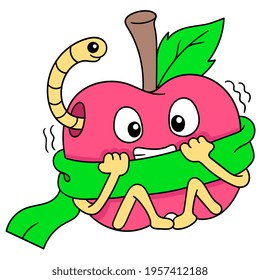 apples are scared because they are contaminated by caterpillars, vector illustration art. doodle icon image kawaii.