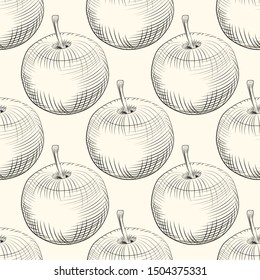 Apples seamless pattern. Apple fruit backdrop. Engraving vintage style. Hand drawn fruits wallpaper. Design for fabric, textile print, wrapping paper. Vector illustration