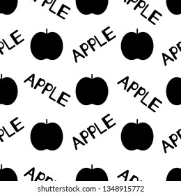 Apples seamless pattern. Black fruits and word apple on the white background. Vector illustration.