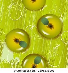 apples seamless pattern. Green apples on embossed texture with white line
