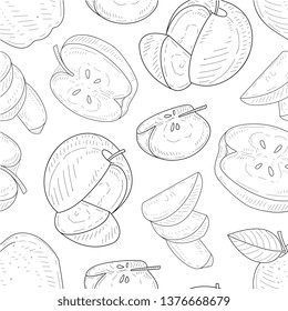 Apples Seamless Pattern, Monochrome Hand Drawn Whole and Sliced Apples Vector Illustration