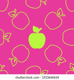 Apples are a seamless pattern. Silhouette and outline of green apples on a pink background. Simple abstract vector background. For paper, cover, fabric, gift packaging.