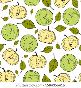 Apples seamless pattern. Summer bright background with colored apples and leaves. Hand drawing doodle. For children's clothing, textiles, packaging, fabrics, farmers market