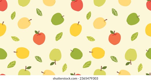 Apples seamless patterns. Green, red and yellow apples pattern. Used for paper, cover, gift wrap,  fabric, interior decoration, wall art. Hand drawn colored Vector illustration