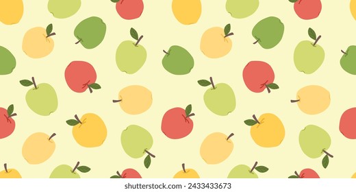 Apples seamless patterns. Green, red and yellow apples pattern. Used for paper, cover, gift wrap, fabric, interior decoration, wall art. Hand drawn colored Vector illustration