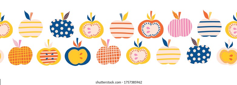 Apples seamless repeating vector border. Abstract fruit pattern. For paper, cover, fabric trim, wall art, home decor. Simple surface pattern design Scandinavian style.