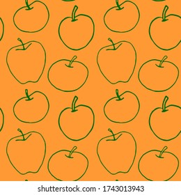 Apples seamless vector color autumn pattern. Outline doodle. Repeating print. Perfect for back to school, apple picking, food packaging, kitchen textiles