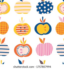 Apples seamless vector pattern. Cute abstract apple illustration background. Fruits in blue, pink, orange, yellow Scandinavian style. Use for kids products, children decor, fabric, kids fashion